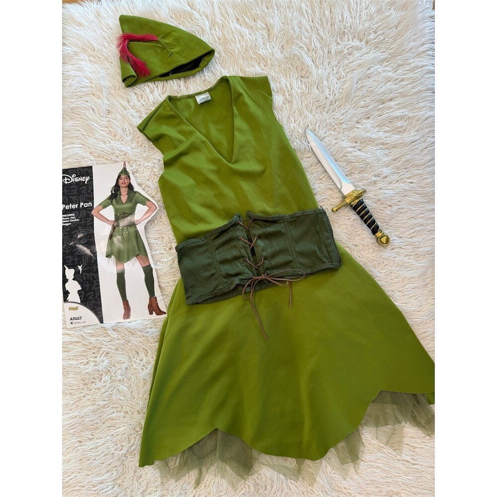 Disney Peter Pan Costume Set Sexy Womens Small Green Dress Hat Corset Belt